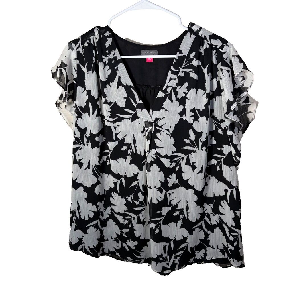 Vince Camuto Blouse Women's XL Floral V-Neck Short Sleeve Lined Shirt Top